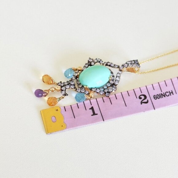 14k Yellow Gold Turquoise Multi Gemstone Chandelier Pendant Chain Necklace 18" - Picture 12 of 16